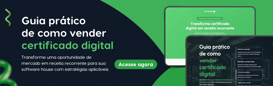 Banner com fundo escuro e texto em destaque: "Guia prático de como vender certificado digital". Acima, faixa verde com "Material Gratuito" e abaixo, botão verde escrito "Saiba mais!". Ótima oportunidade durante a transição do RG para a CIN - Carteira de Identidade Nacional