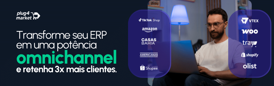 Homem de óculos usando notebook, com textos promocionais sobre transformação de ERP em potência omnichannel e API Marketplace para reter clientes. Logomarcas como Amazon, Shopee, Shopify, VTEX, Woo, Tray, Olist e outras aparecem ao redor.