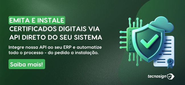 Banner verde promovendo a emissão de certificado digital e INSS via API. Apresenta escudo com marca de verificação, ícone de certificado e texto explicando os benefícios da integração da API. Inclui um botão "Saiba mais!" e o logotipo da Tecnosign.