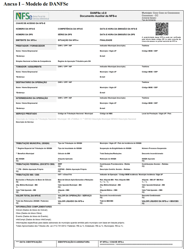 Modelo de DANFSe (Documento Auxiliar da Nota Fiscal de Serviços eletrônicos) conforme NT 008/2026, com campos preenchidos, organizado em tabelas com informações do prestador, tomador, serviços, valores e códigos, em português.