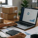 Uma pessoa trabalhando em uma mesa com um laptop exibindo análises de negócios do NFSe Via NT 010, cercada por caixas de remessa e documentos financeiros.