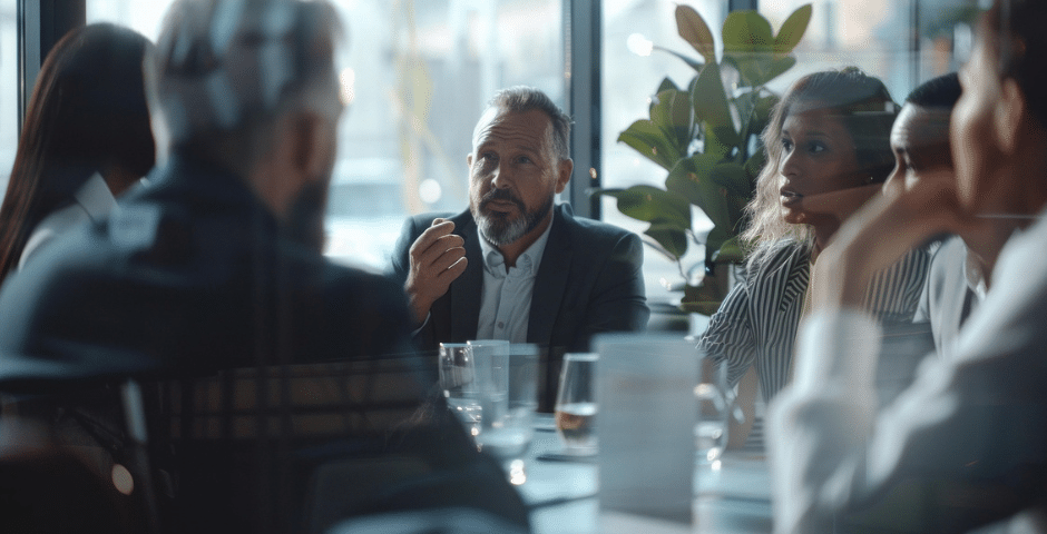 Um grupo de pessoas em trajes de negócios senta-se ao redor de uma mesa em um escritório moderno, envolvido em uma discussão séria sobre o Layout CNPJ Alfanumérico. Um homem no centro gesticula enquanto fala, e os outros ouvem atentamente.