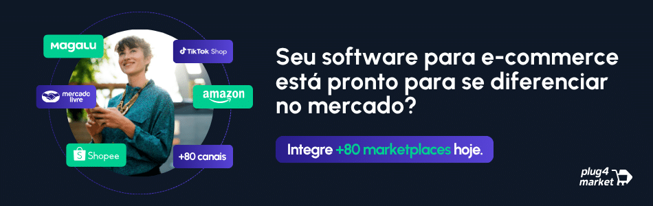 Mulher sorrindo usa celular; à esquerda, logotipos de plataformas de comércio eletrônico como Magalu, Shopee, Mercado Livre, Amazon e TikTok Shop. À direita, texto: “Seu software de ecommerce está pronto para se destacar no mercado?”.