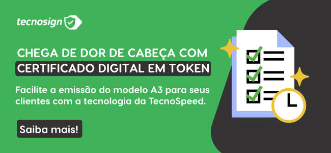 Banner com fundo verde promovendo o Certificado Digital em Token da Tecnosign. Destaque para o texto, lista com marcadores de seleção, ícone de relógio e botão preto “Saiba mais!”. Ideal para quem busca segurança digital.