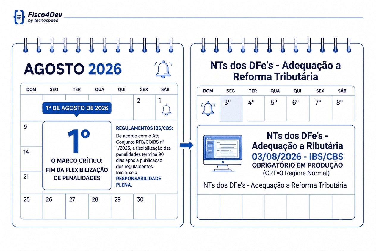 O calendário de agosto de 2026 destaca o dia 1º como a data de encerramento do período de flexibilização das penalidades decorrentes da reforma tributária, trazendo orientações sobre a adequação do DF-e, a retomada da produção normal e a obrigatoriedade do IBS e do CBS.