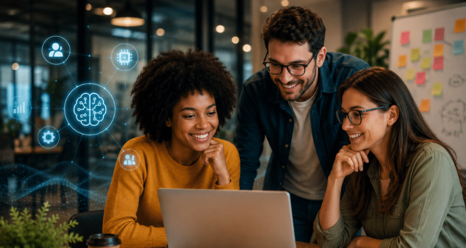 Três pessoas sorrindo e olhando para um laptop em um escritório moderno, com ícones digitais que representam tecnologia e inteligência artificial sobrepostos ao lado delas, ilustrando o impacto da IA nos negócios.