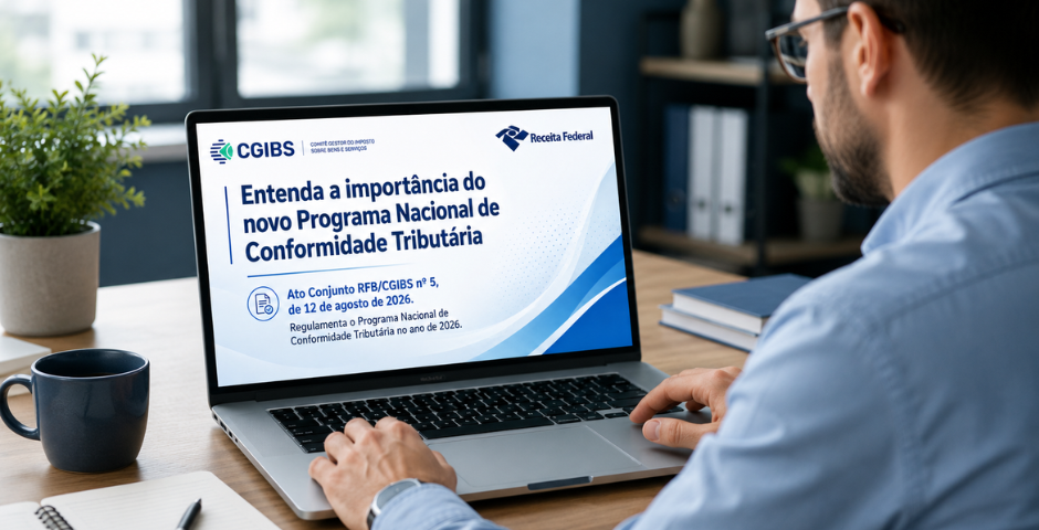 Um homem está sentado à mesa, usando um laptop que exibe uma apresentação intitulada “Entenda a importância do novo Programa Nacional de Conformidade”, destacando a importância do Programa Nacional de Conformidade Tributária da Receita Federal do Brasil e do CGIBS.