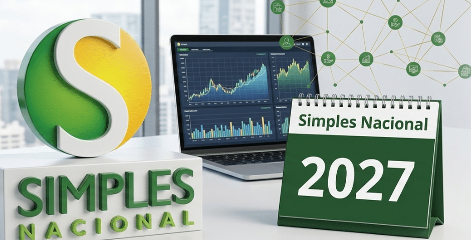 Em uma mesa, há um logotipo do Simples Nacional 2027, um calendário de mesa de 2027 e um laptop exibindo gráficos financeiros, sugerindo planejamento empresarial ou tributário.