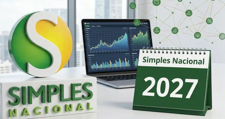 Mesa com o logotipo do Simples Nacional, um laptop exibindo gráficos financeiros e um calendário com a inscrição “Simples Nacional 2027”. Edifícios da cidade são visíveis pela janela ao fundo, destacando o planejamento e a estratégia para o Simples Nacional em 2027.