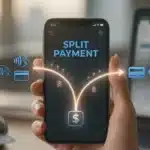 Uma mão segura um smartphone que exibe a mensagem “PAGAMENTO DIVIDIDO” e ícones digitais para dividir pagamentos, com um laptop e um terminal de pagamento em segundo plano, desfocados, ilustrando processos financeiros modernos, como a Vinculação de Pagamento NF-e.