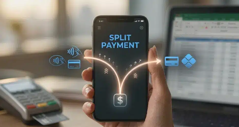 Uma mão segura um smartphone que exibe a mensagem “PAGAMENTO DIVIDIDO” e ícones digitais para dividir pagamentos, com um laptop e um terminal de pagamento em segundo plano, desfocados, ilustrando processos financeiros modernos, como a Vinculação de Pagamento NF-e.