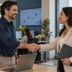 Dois profissionais de negócios sorrindo e apertando as mãos em um escritório moderno, com laptops e plantas nas mesas, e colegas trabalhando ao fundo — criando uma atmosfera que valoriza a experiência do cliente por meio de interações positivas e colaboração.