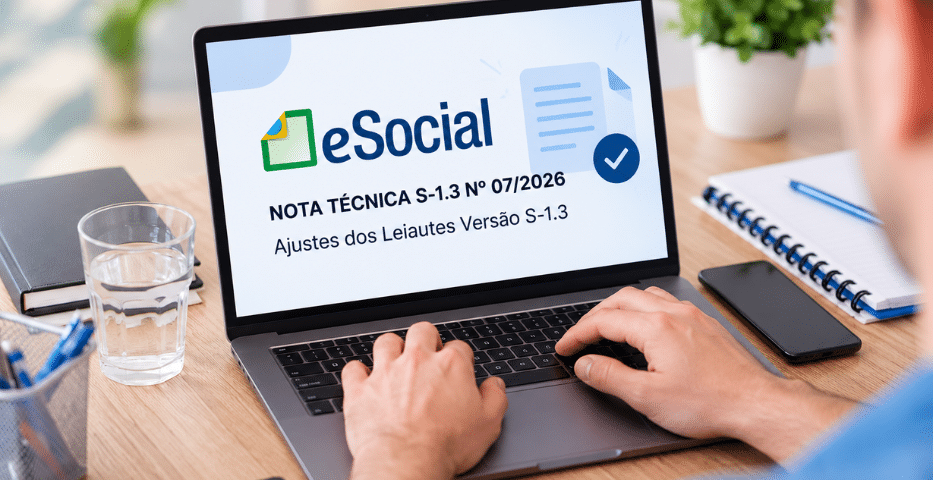 Pessoa digitando em um laptop que exibe uma atualização do eSocial sobre a Nota Técnica S-1.3 07/2026, destacando ajustes nos layouts. A mesa tem papéis, um caderno, óculos, uma caneta e um copo d’água.