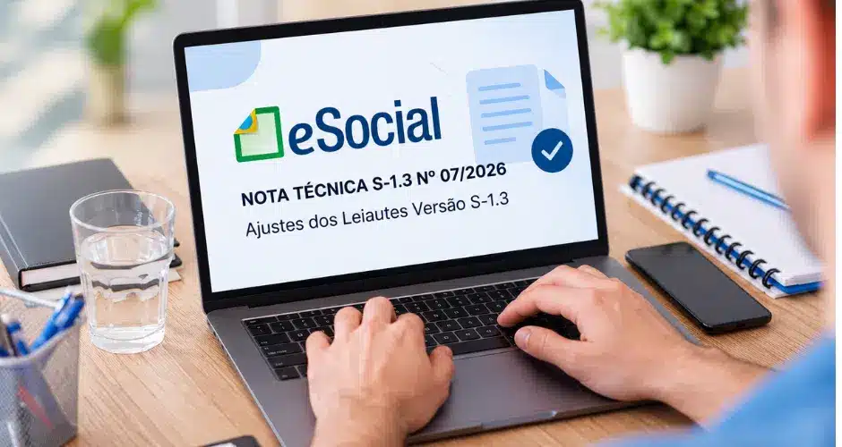 Pessoa digitando em um laptop que exibe um documento do eSocial intitulado “NOTA TÉCNICA S-1.3 07/2026 Ajustes dos Leiautes Versão S-1.3”, com itens de escritório ao redor.