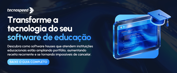 Banner promocional da Tecnospeed com texto sobre como transformar tecnologia em software educacional e soluções para a gestão financeira da escola, imagem de um diploma e botão “Baixe o Guia Completo”. Fundo azul com ilustrações tecnológicas.