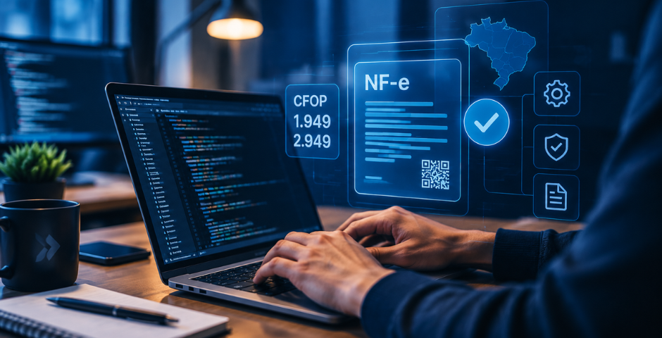 Pessoas digitam em um laptop que exibe código; hologramas digitais mostram dados de notas fiscais brasileiras, um mapa, ícones de segurança, códigos CFOP e destaques da Nota Técnica 2026.009, ilustrando a tecnologia de faturamento eletrônico em um ambiente de trabalho moderno.