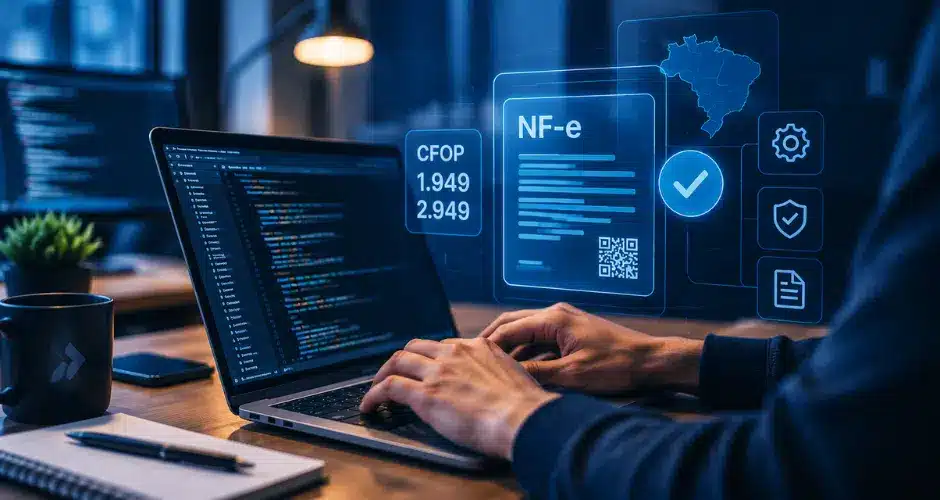 Pessoa digitando em um laptop com faturas digitais e gráficos de dados — incluindo referências à Nota Técnica 2026.009 — exibidos como hologramas, representando um gerenciamento avançado de documentos digitais em um ambiente de escritório moderno.