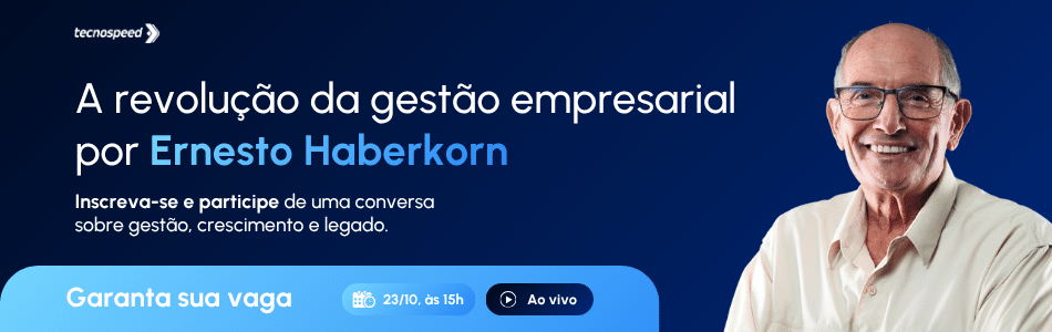 Imagem promocional de um evento da Tecnospeed sobre gestão empresarial com Ernesto Haberkorn, marcado para 23 de outubro às 15h.