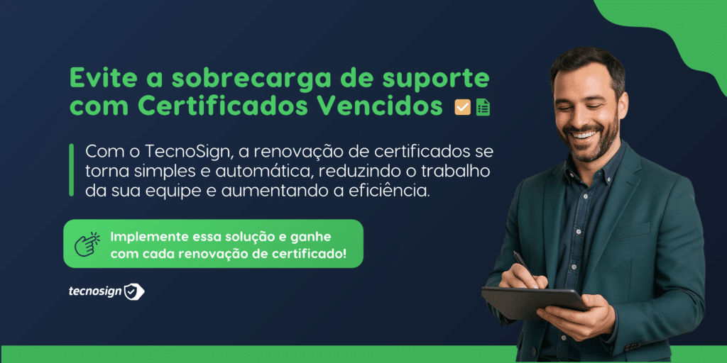 Um homem sorridente escreve em um tablet ao lado de um texto que promove o TecnoSign para a renovação automática de certificados digitais, com um botão para implementar a solução.