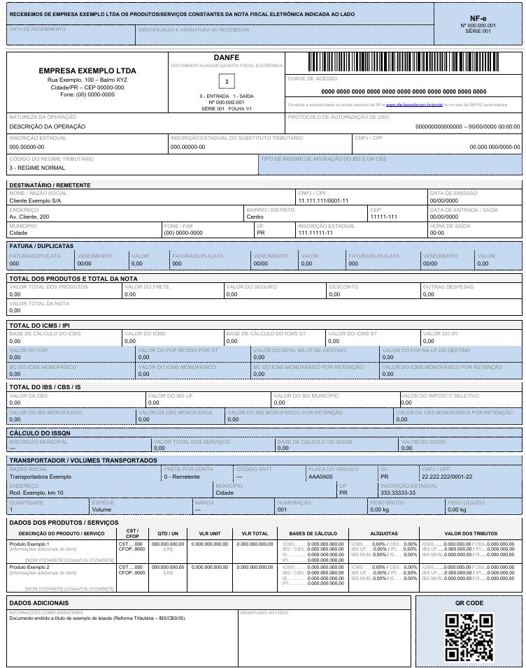 Um modelo em branco de nota fiscal eletrônica brasileira (DANFE) da Reforma Tributária, contendo campos para remetente, destinatário, impostos e informações de remessa, com um código QR no canto inferior direito.