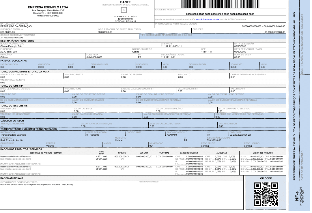 Modelo de fatura DANFE brasileira em branco, em conformidade com a NT 2026.010, com campos para remetente, destinatário, impostos e detalhes do produto, além de um código QR no canto inferior direito.