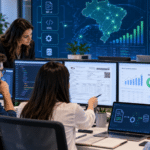Uma equipe trabalhando em computadores em um escritório analisa os dados da NFe NT RTC 2026.008, gráficos comerciais e um mapa do Brasil.