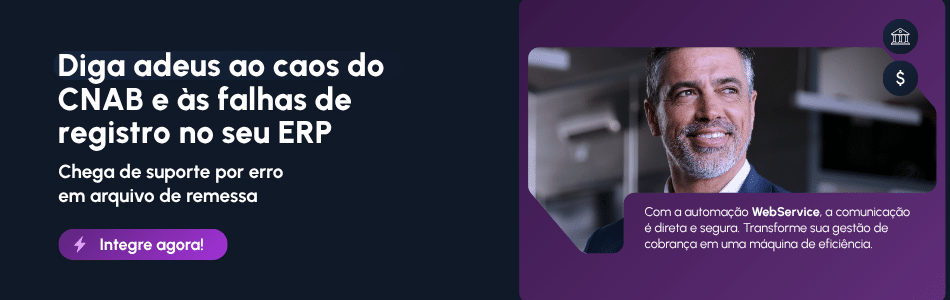 Um homem sorridente aparece em um banner de marketing que promove a automação do WebService para simplificar os processos do CNAB 240 e a integração com o ERP.